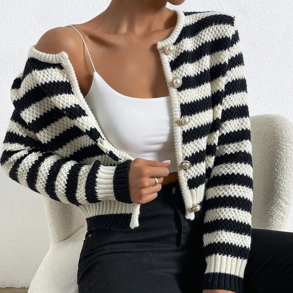 Black And White Boho Womens Striped Pattern Button Front Cardigan - Picture 5 of 5